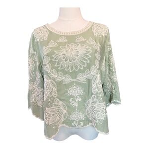 👚 EUC SOLITAIRE Sage Green Embroidered Floral Blouse | Size S
